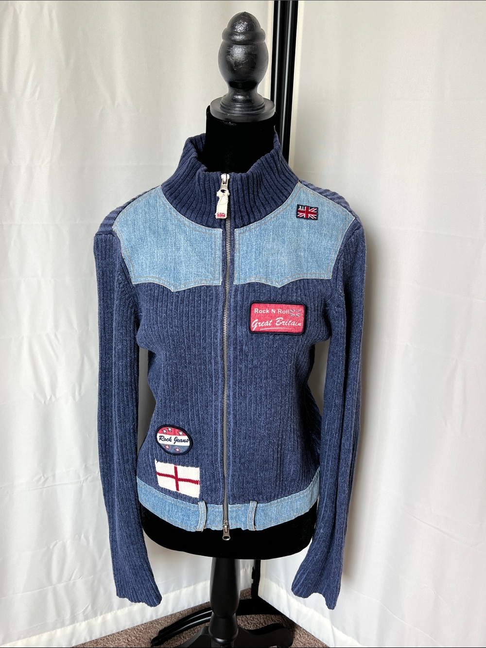 Vintage British Denim-Accent Zip-Up Sweater